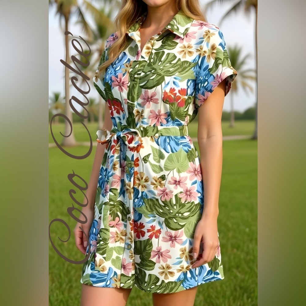 Tropical Floral Belted Loose Fit Short Sleeves Midi Dress